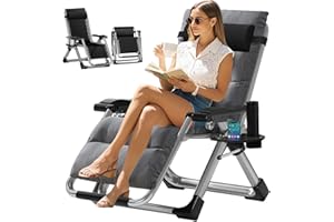 Obqer Folding Zero Gravity Chair, 440LBS Heavy Duty Sun Lounger, Adjustable Garden Recliner with Cushion and Side Holder, Extra Wide, No Assembly Required, Sun Loungers for Garden Terrace Beach Pool