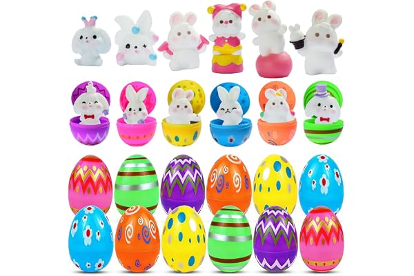 AEYAKA Œufs de Pâques avec Lapins 3D – Lot de 12 Œufs Réutilisables Préremplis, Figurines Lapin Amovibles aux Poses Variées pour Enfants, Chasse aux Œufs & Cadeaux de Pâques
