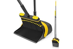 JEHONN Pelle et Balayette Long Manche 138 cm pour Sol Dur, Rotatif à 180 Degrés de Balai Ensemble pour Le Balayage Extérieur, Jardin, Hall, Intérieur (Noir et Jaune)