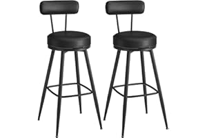 VASAGLE EKHO Collection - 360?Swivel Bar Stools Set of 2, Counter Chairs with Backs, Synthetic Leather with Stitching, Mid-Century Modern, 76 cm Tall, Kitchen Home Bar, Ink Black