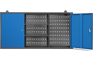 Szafka Metalowa Wisząca na Narzędzia do Warsztatu JAN NOWAK BEN | Narzędziowa Perforowana Garażowa Warsztatowa Dwie Zamykane Szafki Dwie Półki Na Akcesoria | 120 x 60 x 20 cm (Antracytowo-Niebieska)