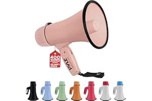 Pyle 20W Megaphone Bullhorn - Portable, Automatic Siren & Adjustable Volume,Projection Range Up to 400 Square Yards, Aux Input, Talk, Siren, Music, Whistle, & Record, Shoulder Strap (Pink)