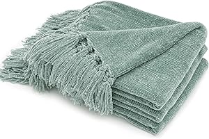 RECYCO Chenille Throw Blanket with Tassels Soft Cozy Sofa Chair Bed Gift, 203x152cm, Sage