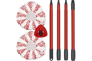 DLAIMI Mop Combo Set 2 PCS Mop Head Replacement Microfiber+1 PC Red Spin Mop Head Base+1PC 4-Section Mop Handle Compatible with Vileda Turbo 3-in-1 Spin Mop Refill Mop Head