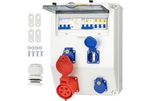 CHENGPI Distribuidor de Corriente para Construcción, Distribuidor de Pared para Obras con Disyuntor, 5P CEE Socket y Schuko Socket, Distribuidor de Consumo Eléctrico para Talleres y Fábricas