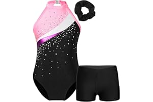 FEESHOW Kids Girls Shiny Sleeveless Gymnastic Leotards Biketard with Shorts Hair Band Set Ballet Dance Unitard Swimsuit