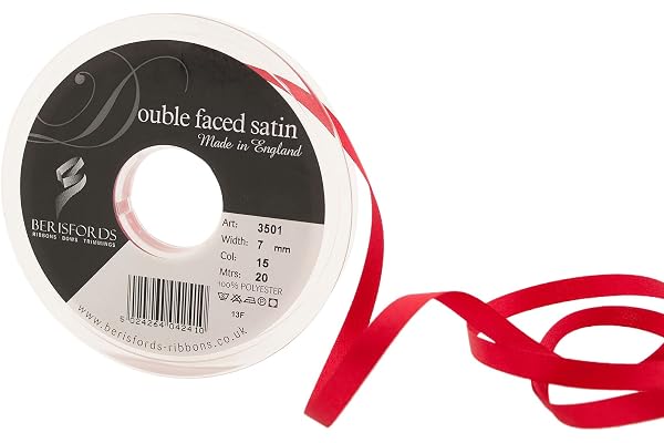 Berisfords 3501 Ruban en Satin Double-Face 20 m x 7 mm, Rouge