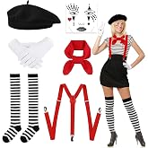 LIULINY 6 Piece Halloween Costume Pantomime Donna Costume Mimo Black and | Mimo Costumes with Beret, Scarf, Gloves, Socks Tat