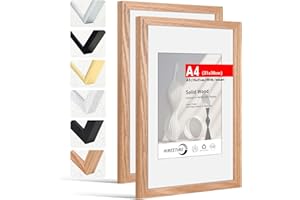 HIMEETIME® 2x cadre photo DIN A4 21x30 cm,en bois de chêne massif, Présentoir photo A5 (15x21cm) avec passe-partout,Accrochage Facile Pour montage decoration mural A4