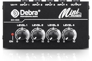 D Debra DH-400 Audio Mixer - 4-Kanal Line Mixer für Sub-Mixing, Ultra Low-Noise Mini Mixer für Mikrofone, Gitarren, Bass, Keyboards und Stage Sub Mixing - Perfekt für kleine Clubs und Bars (Schwarz)