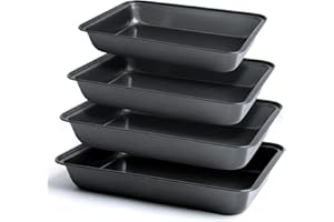 BOSCOW 4 Pezzi Tortiera in Acciaio al Carbonio, Teglia da Forno Rettangolare, Teglia per Pane Quadrata, Teglia per Torte, Teglia Tiramisù Rivestimento Antiaderente, per Cuocere, Cucinare, Servire