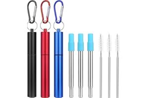 UNAIKOO Reusable Straws - 3 Pack Collapsible Stainless Steel Travel Straws with Case & Cleaning Brush &Silicone Tips Portable Telescopic Drinking Straws with Keychain Ring for Travel (Black&Blue&Red)