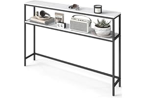 VASAGLE Console Table, 2-Tier Slim Sofa Table, 20 x 120 x 80 cm, Hallway Table with 2 Shelves, for Living Room, Entryway, Marble White and Ink Black LNT133W59V1
