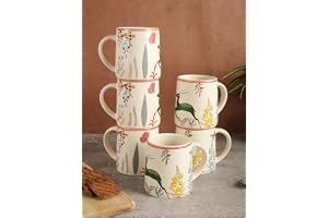 miah decor Ceramic Tea Coffee Cups Set of 6 Matte Printed Small Chai Mug Set of 6 Drinkware Microwave Safe for Home & Restaurant-300 ml-Color-Cream Red