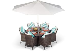 GIARDINO Savannah Rattan Dining Set | Round 6 Seater Brown Rattan Dining Set | Outdoor Poly Rattan Garden Table & Chairs Set | Patio Conservatory Wicker Garden Dining Furniture with Parasol & Cover