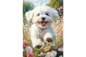 NEWENMO DIY Blanco Cachorro Diamond Painting Adultos Kit,Campos de Flores Pintura de Diamantes,5D Paisajes Diamond Art Kit,Bricolaje Dibujo con Diamantes,para Principiantes Decoración Hogar 30x40cm