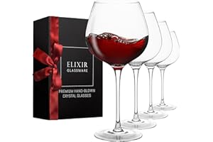 ELIXIR GLASSWARE Verres Vin Rouge Lot de 4 – Grands Verres à Vin – Verre Soufflé à la Main – Verres à Pied Cristal Qualité Supérieure – Dégustation Vin, Mariage, Anniversaire, Noël – 670 ml, Transparents