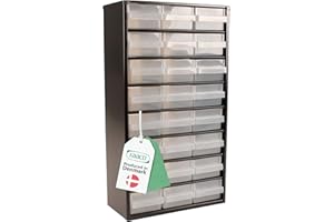 Raaco Caja para almacenado de piezas pequeñas C12-24, capacidad de carga 30 kg, 15 x 30,6 x 55,2 cm, 24 cajones, acero recubierto, adecuado para montaje en pared, estante de tornillos con cajas de