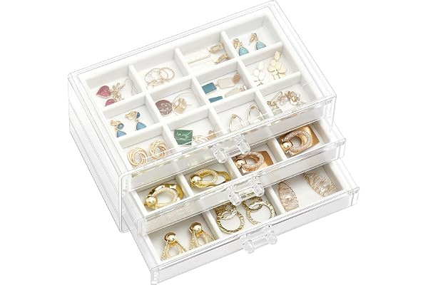 ProCase Boîte à Bijoux Transparente, 3 Plateaux Bijoux Tiroir, avec Séparateurs Amovibles, Rangement Bijoux Tiroir Acrylique, Range Boucles d’Oreille Bagues Colliers Bracelets - Blanc