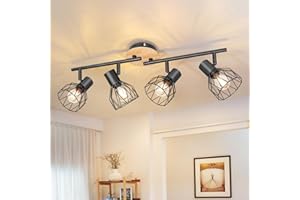 Kimjo Plafonnier Led 4 Spot Orientable - Spot de Plafond Noir E14 Spots et Rails de Spots Plafonnier Salon - Luminaire Plafonnier Cuisine Luminaire Spot Bois - Applique Murale Interieur Sans Ampoule