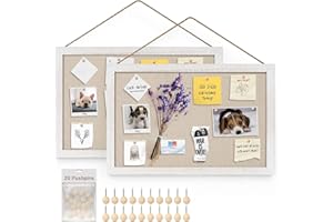 Emfogoo Cork Board with Linen 40x30cm Pin Notice Board for Home Bedroom Office Kitchen Wall Decorative Hanging Wood Framed Vision Board Memo Bulletin Board with 20 Push Pins Pack of 2 (Vintage White)