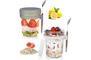 IXYDOR Overnight Oats 2 sztuki pojemników na owsiankę, szklanki do owsa, na nocleg, szklane kubki na musli na wynos dla dzieci z pokrywką i łyżeczką na jogurt, słoiki na przetwory jogurt to go, kubek