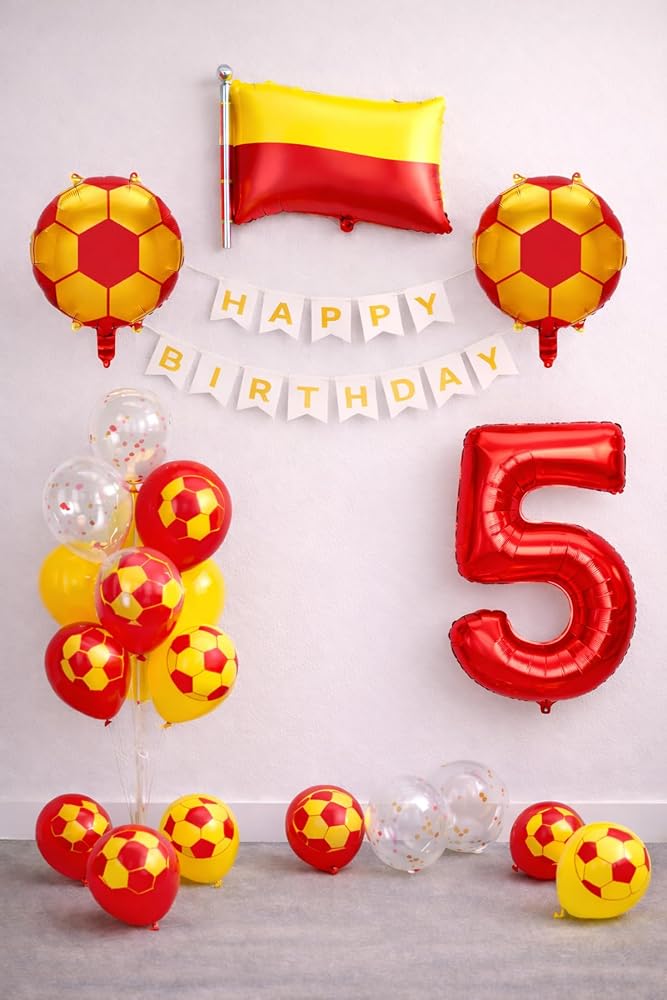 Sarı Kırmızı 5 Yaş Futbol Temalı Doğum Günü Balon Seti