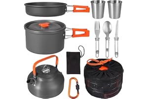 HOMGEN Accessoire Camping, Multi-PCS Kit de Casseroles Camping Légère pour 2 à 3 Personnes Ustensiles de Cuisine de Camping en Aluminium Durable pour Randonnée Camping Pêche