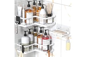 YASONIC Mensola Doccia Angolare Porta Sapone per Doccia, 3 Pezzi Mensola Doccia senza Foratura, Portasapone Doccia Mensole Bagno con 4 ganci Removibili, Anti-Ruggine Portaoggetti Doccia - Bianco