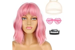 GMHLLES Pink Wig, Short Light Pink Wigs with Bangs for Women, Natural Wavy Curly Hair Wig for Daily Use or Cosplay Party