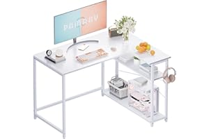 PAMRAY 109cm Biurko komputerowe w kształcie litery L z półkami do przechowywania po bokach, Małe biurko narożne do małego biura w domu, Stolik do pisania i nauki, Biurko komputerowe do sypialni, Białe
