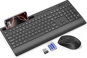 SABLUTE Wireless Keyboard and Mouse Combo, Full-Size 2.4GHz Quiet Keyboard with Wrist Rest, Phone Holder, Multimedia Keys, Power Switch, Cordless Set for Windows, Chrome OS, PC, Laptop (Batteries Included)