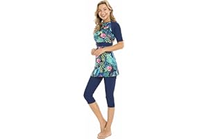 BLUESNOW Modest Short Sleeve Swimsuits for Womens Bathing Suit Floral Print Swimming Suit Rash Guard Plus Size