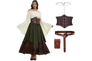 LumenVela Mittelalter Kleidung Damen, Renaissance Kleid Damen und Off Shoulder Bluse mit Corsett, Gürteltasche, Kopfschmuck, Gürtel, Viktorianisches Kostüm für Halloween Karneval