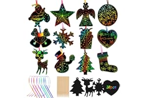 Wishstar 36 Pièces Carte à gratter Noel，Noël Dessin Gratter pour Enfant，Bricolage Carte a gratter Enfant Noel，Papier à Gratter de Noël avec Stylo en Bois et Ruban ，pour la décoration de Noël