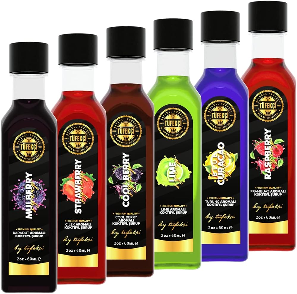 By Tüfekçi 6'Li Avantajlı Kahve, Pasta Ve Kokteyl Şurubu Deneme Paketi (Lime,Frambuaz,Çilek,Karadut,Blue Curacao Cool Berry) 6X60ML