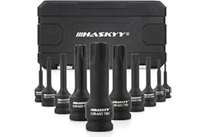 HASKYY Ensemble de douilles pour écrou de visseuse à choc 1/2 pouce T20-T80 - Jeu de bits pour clé à douille Torx - 10 pièces - Ensemble d’écrous Torx - Outil pour entretien de voiture, moteur, freins