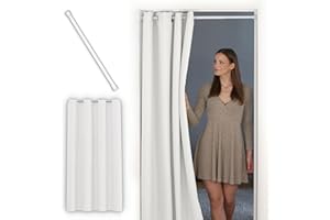 tinycurtains, Türvorhang mit Teleskopstange, einfache Montage in nur 1 Minute ohne Bohren (Türgardine weiß + H195 x B150 cm + Stange weiß B70-120 cm)