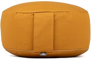 ‎BODHI Bodhi Meditationskissen Rondo ECO | Yogakissen mit Bio Dinkelfüllung | Bezug aus 100% Baumwolle | Waschbarer Bezug mit praktischer Trageschlaufe | Höhe 20 cm (Honig-gelb)