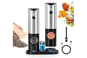 Coovee Macina Pepe Elettrico con Doppia Base di Ricarica,Ruvidità Regolabile,Luce a LED, Operazione con una Sola Mano,2 Pacchi Macina Sale e Pepe