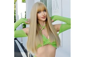 7JHH WIGS 7JHH PELUCAS długie proste blond peruki z grzywką, 24in naturalny wygląd włókna syntetyczne włosy odporne na ciepło do codziennego użytku partia...