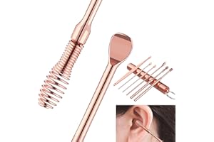 Nettoyeur D'oreille, PUCIO 6 Pcs Cuillère à Oreille en Acier Inoxydable, Kit de Nettoyeur D'oreilles, Curette Oreille Kit, Ear Wax Cleaner Kit pour Famille，Soins des Oreilles，Cerumen Nettoyage