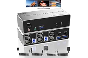 SUEJEZT KVM HDMI + 2 Displayport USB 3.0 3 moniteurs 2 ordinateurs, 8K @ 60 Hz KVM triple moniteur 2 ordinateurs, 3 moniteurs KVM pour 2 ordinateurs avec 3 USB 3.0 et sortie micro audio, clavier-souris