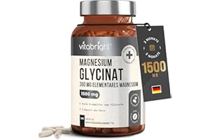 ‎VITABRIGHT Magnesium Glycinat 180 Kapseln | 300mg Elementares Mg | 1500mg Pro Dosis | Magnesium Bisglycinat Pulver | Magnesiumglycinat Hochdosiert Ohne Zusatzstoffe | VitaBright Bio Magnesiumbisglycinat