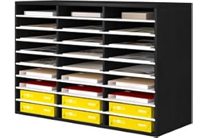 Senhoglb Wood Classroom Mailbox 27 Compartments Literature Organizer with Adjustable Shelves Paper Storage Cabinet Wooden Mail Sorter Organizer for Office Home School, Black and White