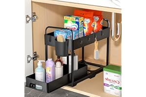 CompraFun Organizer Sottolavello Cucina, Scaffale sottolavello a 2 Livelli, con 6 Ganci e 2 Bacinelle Sospese, Cassetti Multiuso Sotto Organizer Lavell, Organizer Sottolavello Portaoggetti Ripiano