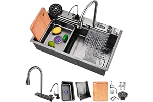 HZKSINNK Fregadero de Cocina de 1 Cubeta 75x50 cm, Negro cascada Fregadero de Acero Inoxidable, con Grifo Cocina Extraible, cesta de drenaje, sifón, rebosadero y desagüe así como otros accesorios