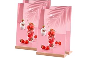 Srvnpioy Lot de 4 Présentoir de Table A5 en Bois, Forme en L, Support de Menu A5 Plexi pour Tables, Support A5 en Plexiglass, Presentoir Flyers A5 en Acrylique, pour Restaurant, Hôtel, école, Bureau