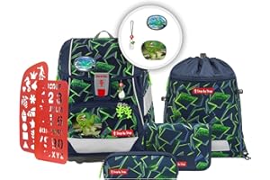 Step by Step Schulranzen-Set 2IN1 Plus „Wild T-Rex Taro“ 6-teilig, ergonomischer Tornister, höhenverstellbar mit Hüftgurt, für die Grundschule, ab der 1. Klasse, 19L, grün-schwarz, Dino-Design