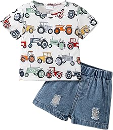 JENJON Kleinkind Baby Jungen Kleidung Outfit Säugling Süßer Gedruckt Kurzarm T-Shirt Denim Zerrissene Jeansshorts Casual Frühling Sommer Outfits Set